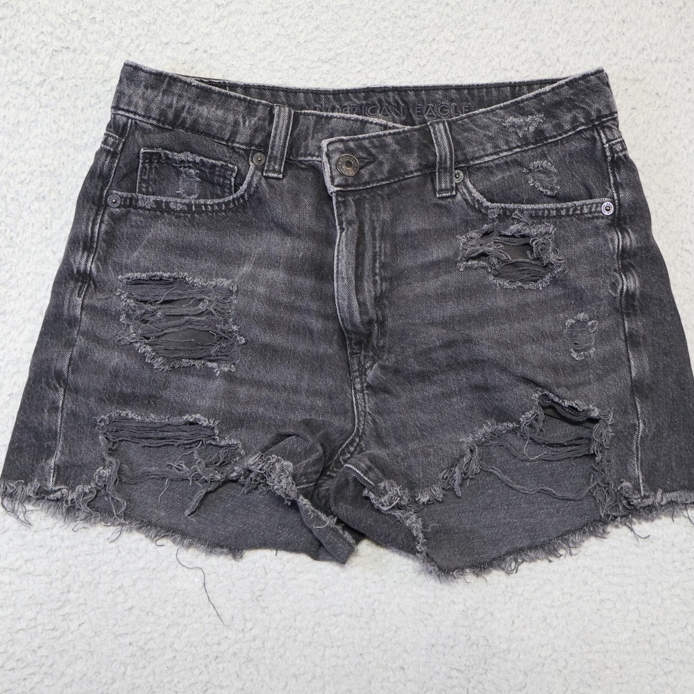 American Eagle Mom Shorts Womens Black Distressed Crossover Waist Denim Raw Hem